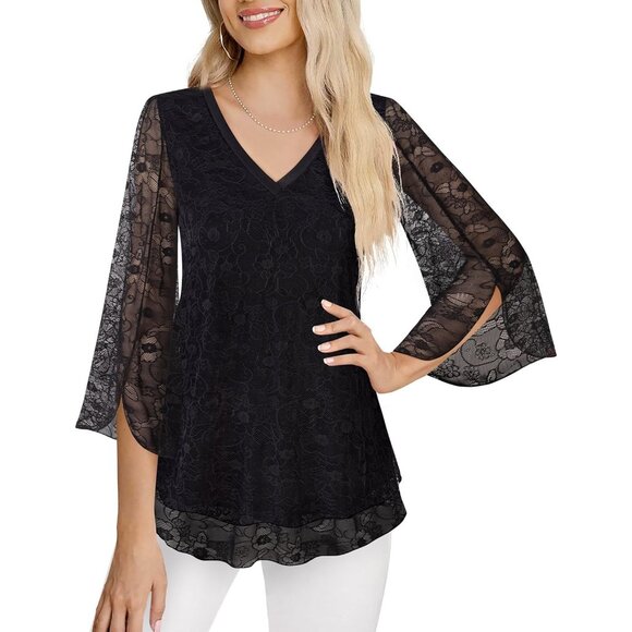 Women's 3/4 Sleeve Floral Blouses Shirts Double Layers V Neck Dressy Tunics Tops - Picture 3 of 6